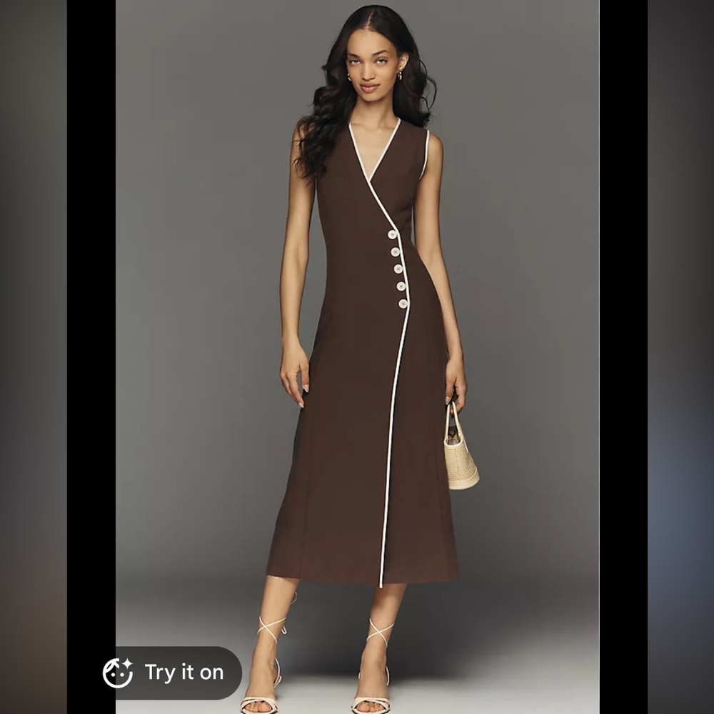 Anthropologie Mare Mare Brown Linen Asymmetric Button Midi Dress